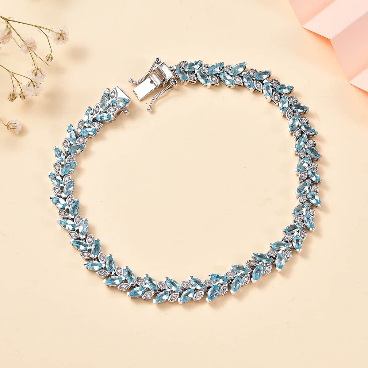 Betroka Blue Apatite and White Zircon Leaf Bracelet in Platinum Over Sterling Silver (8.00 In) 10.25 ctw image number 1