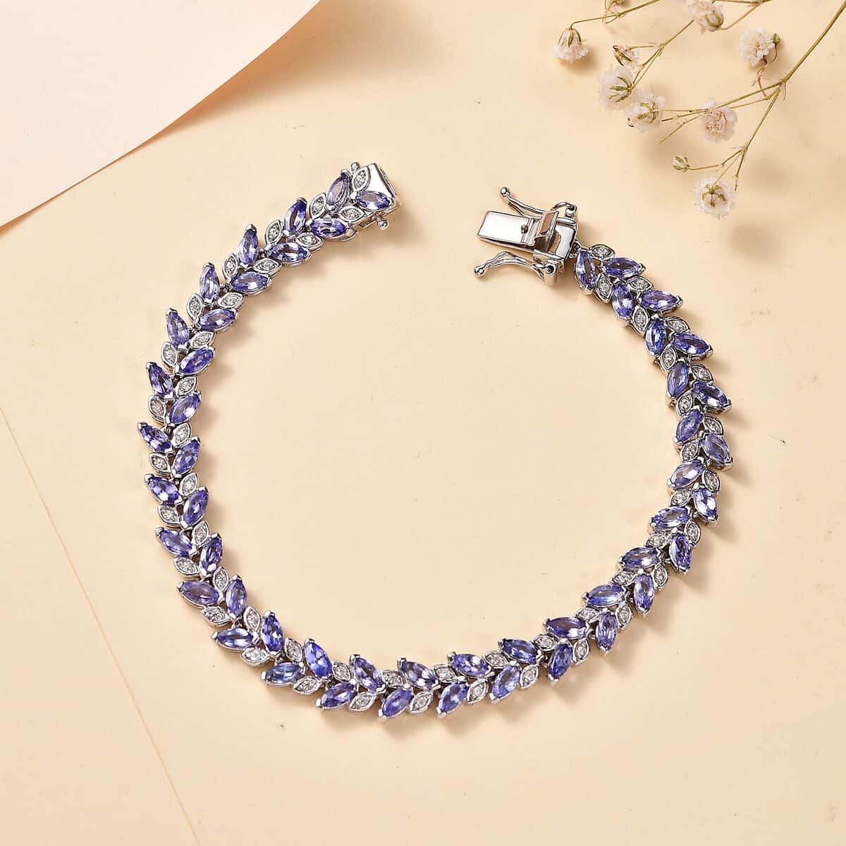 Tanzanite and White Zircon Leaf Bracelet in Platinum Over Sterling Silver (7.25 In) 9.20 ctw image number 1