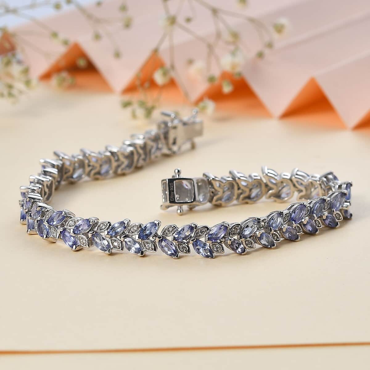 Tanzanite and White Zircon Leaf Bracelet in Platinum Over Sterling Silver (8.00 In) 9.90 ctw image number 1