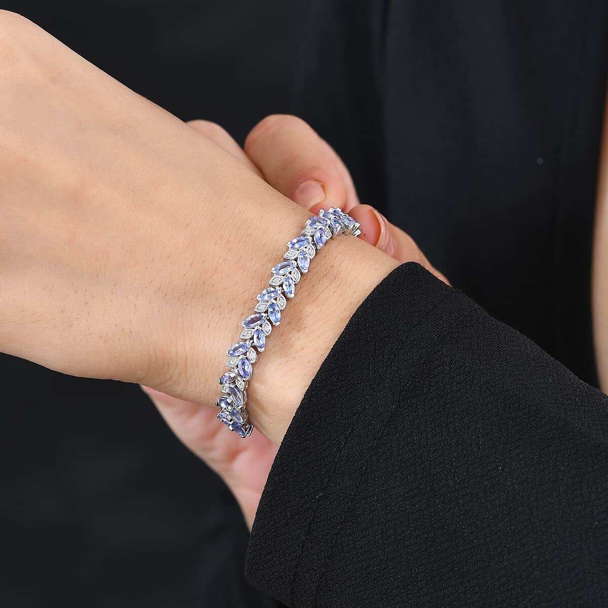 Tanzanite and White Zircon Leaf Bracelet in Platinum Over Sterling Silver (8.00 In) 9.90 ctw image number 2