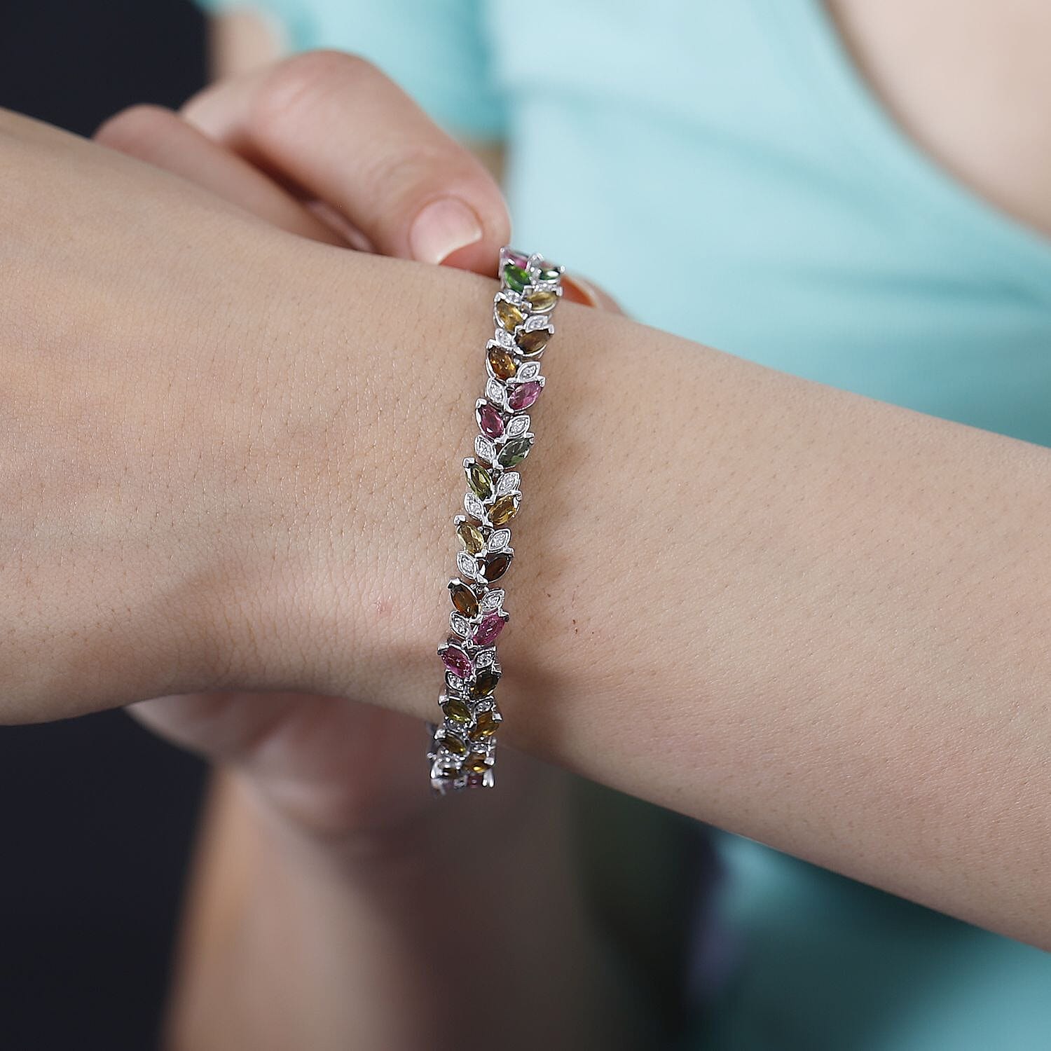 Buy Multi-Tourmaline and White Zircon Leaf Bracelet in