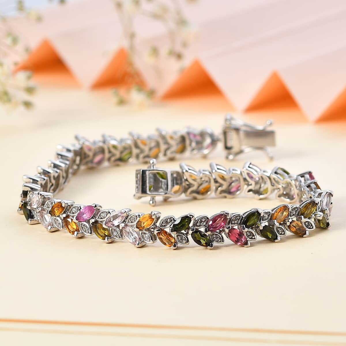 Multi-Tourmaline and White Zircon Leaf Bracelet in Platinum Over Sterling Silver (8.00 In) 9.00 ctw image number 1