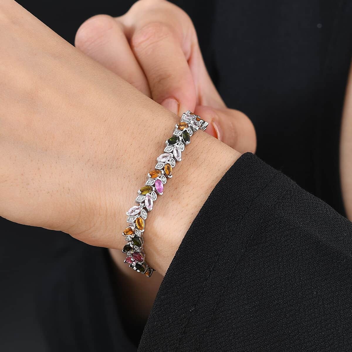 Multi-Tourmaline and White Zircon Leaf Bracelet in Platinum Over Sterling Silver (8.00 In) 9.00 ctw image number 2