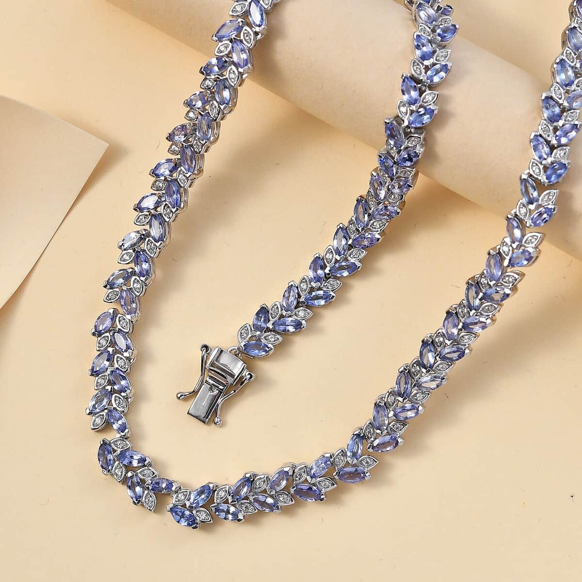 Tanzanite and White Zircon Leaf Necklace 18 Inches in Platinum Over Sterling Silver 25.15 ctw image number 1