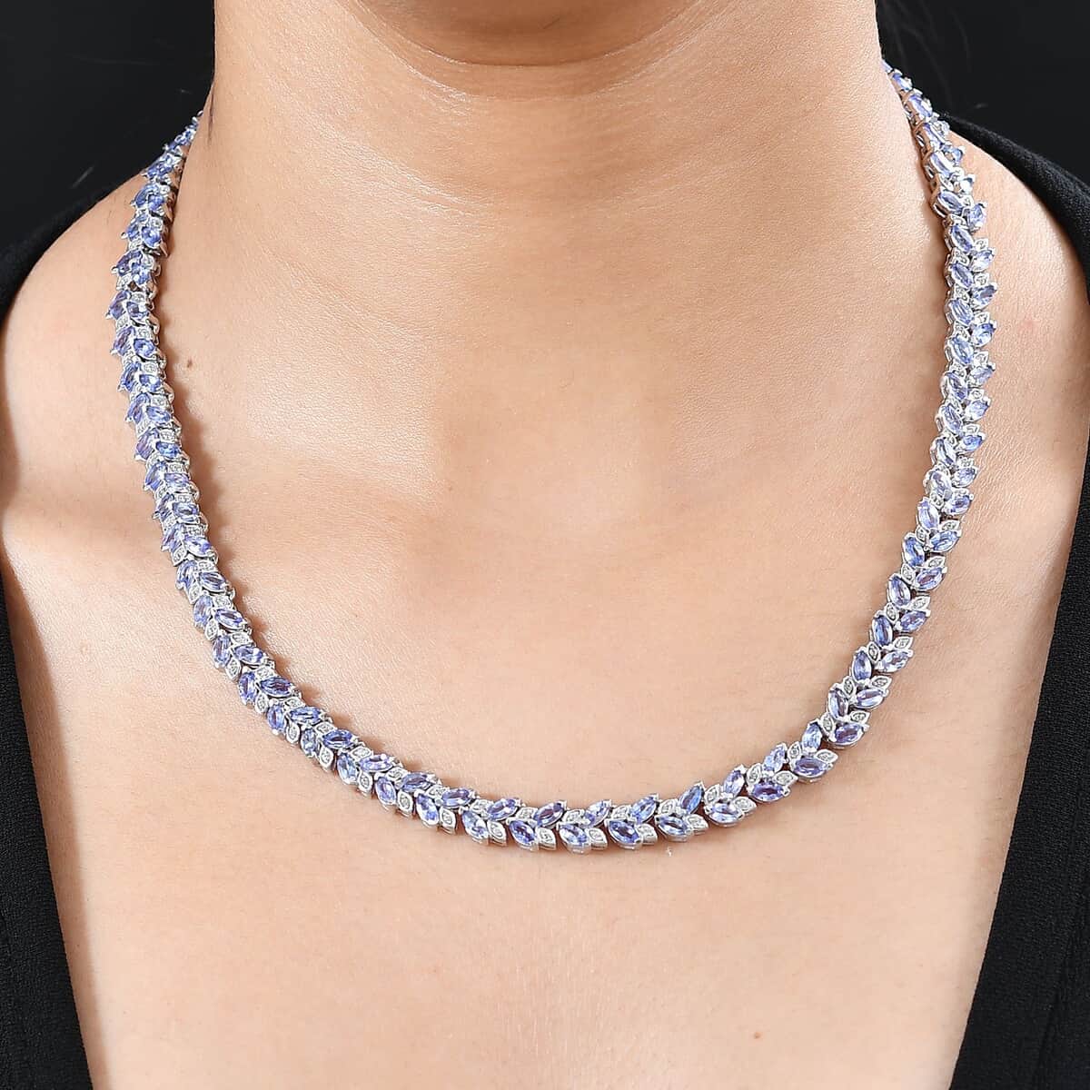 Tanzanite and White Zircon Leaf Necklace 18 Inches in Platinum Over Sterling Silver 25.15 ctw image number 2