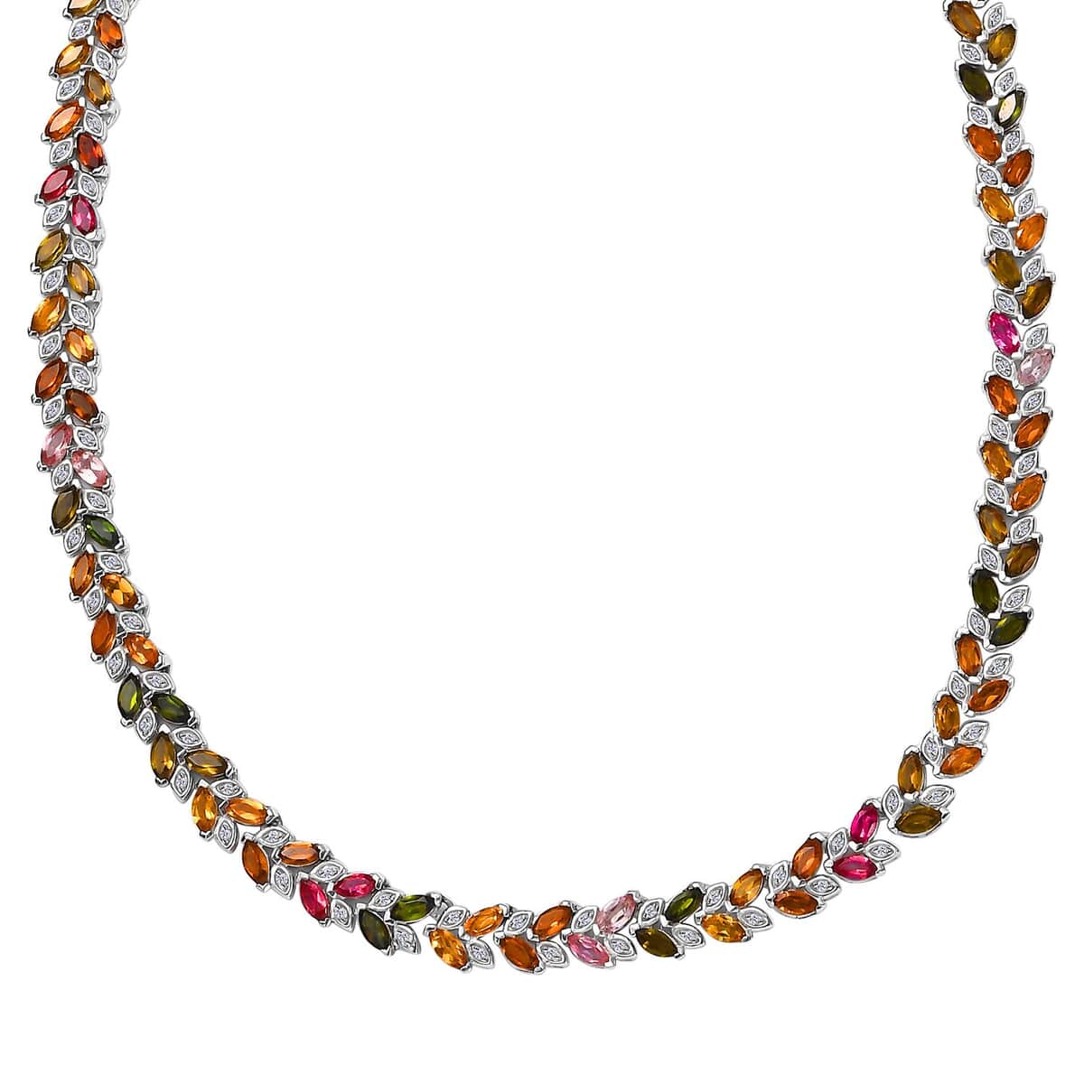 Multi-Tourmaline and White Zircon Leaf Necklace 18 Inches in Platinum Over Sterling Silver 24.50 ctw image number 0