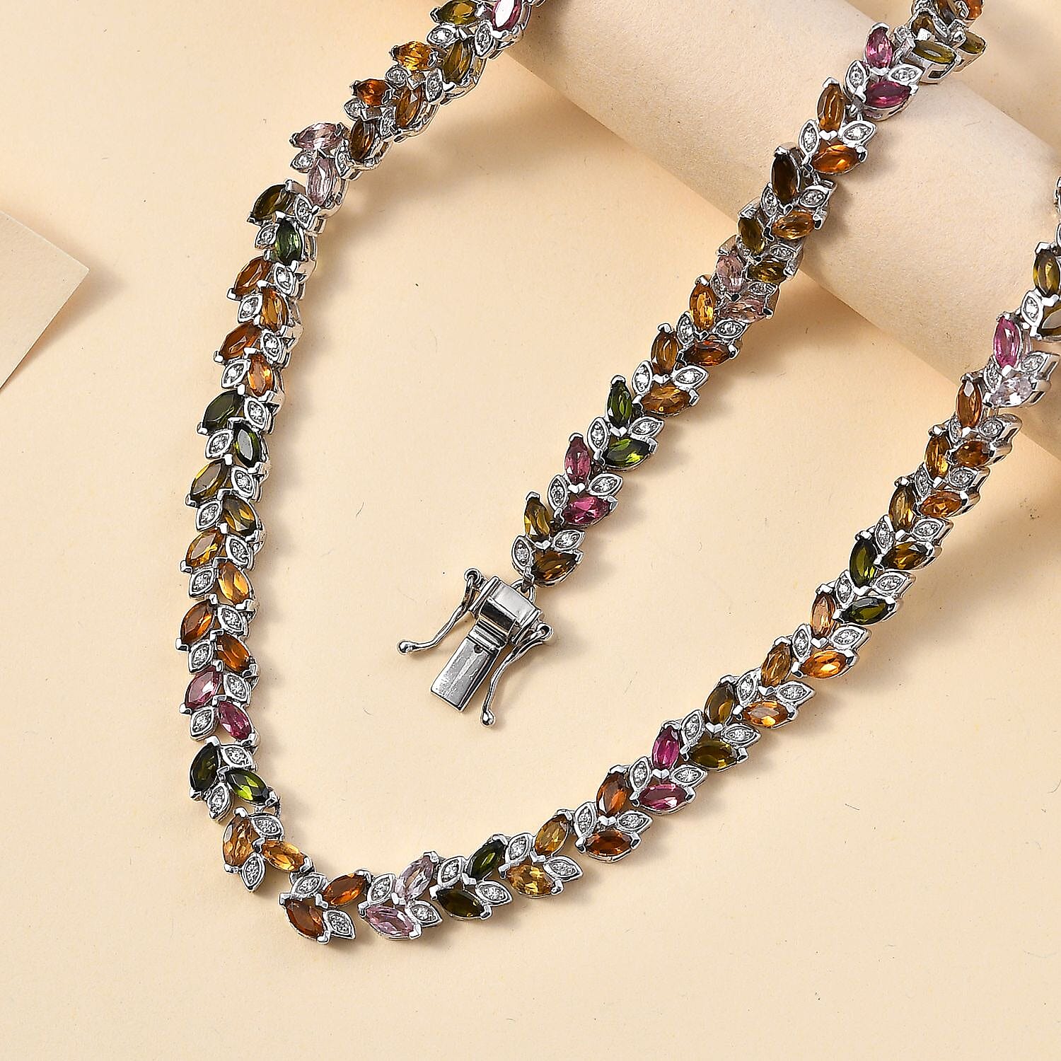 Buy D'Joy Multi-Tourmaline and White Zircon Leaf Necklace 18