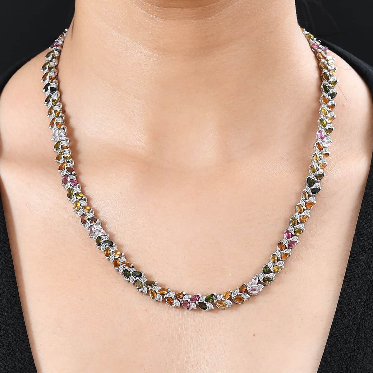 Multi-Tourmaline and White Zircon Leaf Necklace 18 Inches in Platinum Over Sterling Silver 24.50 ctw image number 2