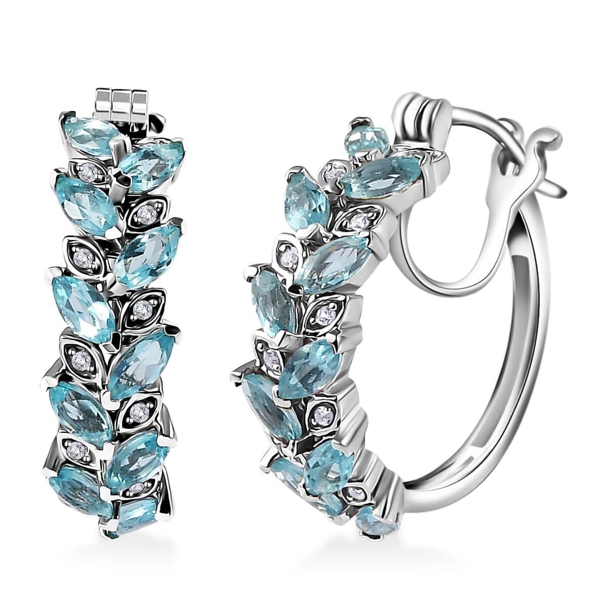 Betroka Blue Apatite and White Zircon Leaf Hoop Earrings in Platinum Over Sterling Silver 3.60 ctw (Del. in 10-12 Days) image number 0
