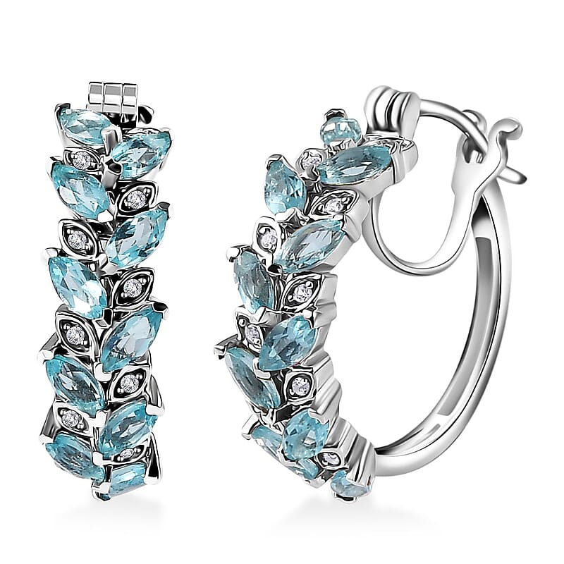 Betroka Blue Apatite and White Zircon Leaf Hoop Earrings in Platinum Over Sterling Silver 3.60 ctw