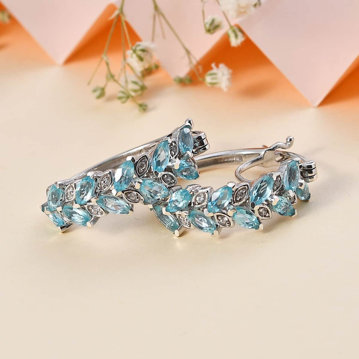 Betroka Blue Apatite and White Zircon Leaf Hoop Earrings in Platinum Over Sterling Silver 3.60 ctw (Del. in 10-12 Days) image number 1