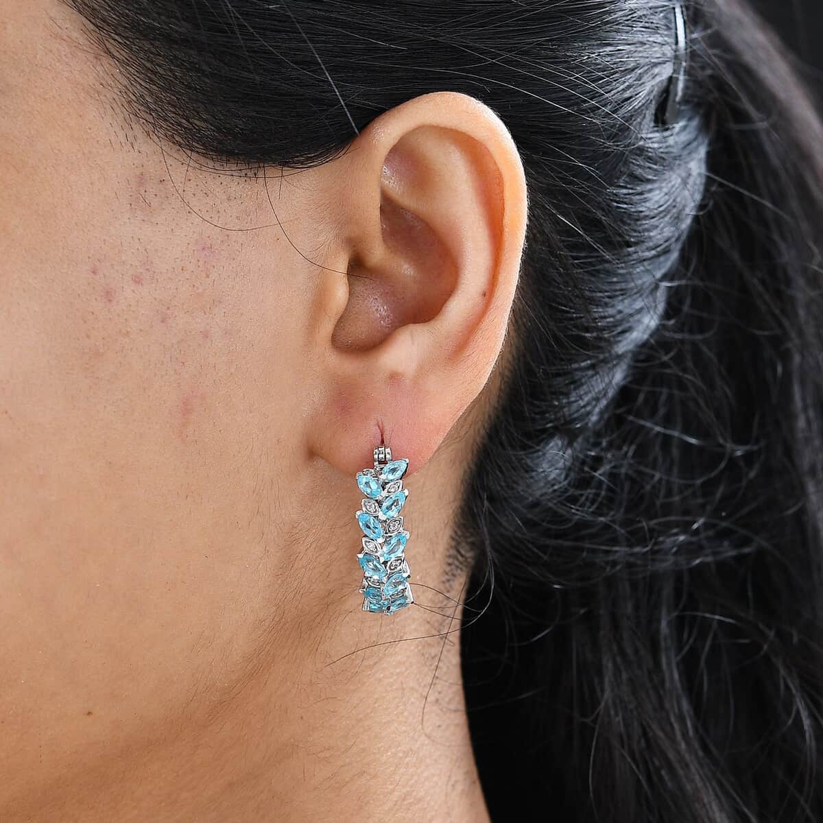 Betroka Blue Apatite and White Zircon Leaf Hoop Earrings in Platinum Over Sterling Silver 3.60 ctw (Del. in 10-12 Days) image number 2