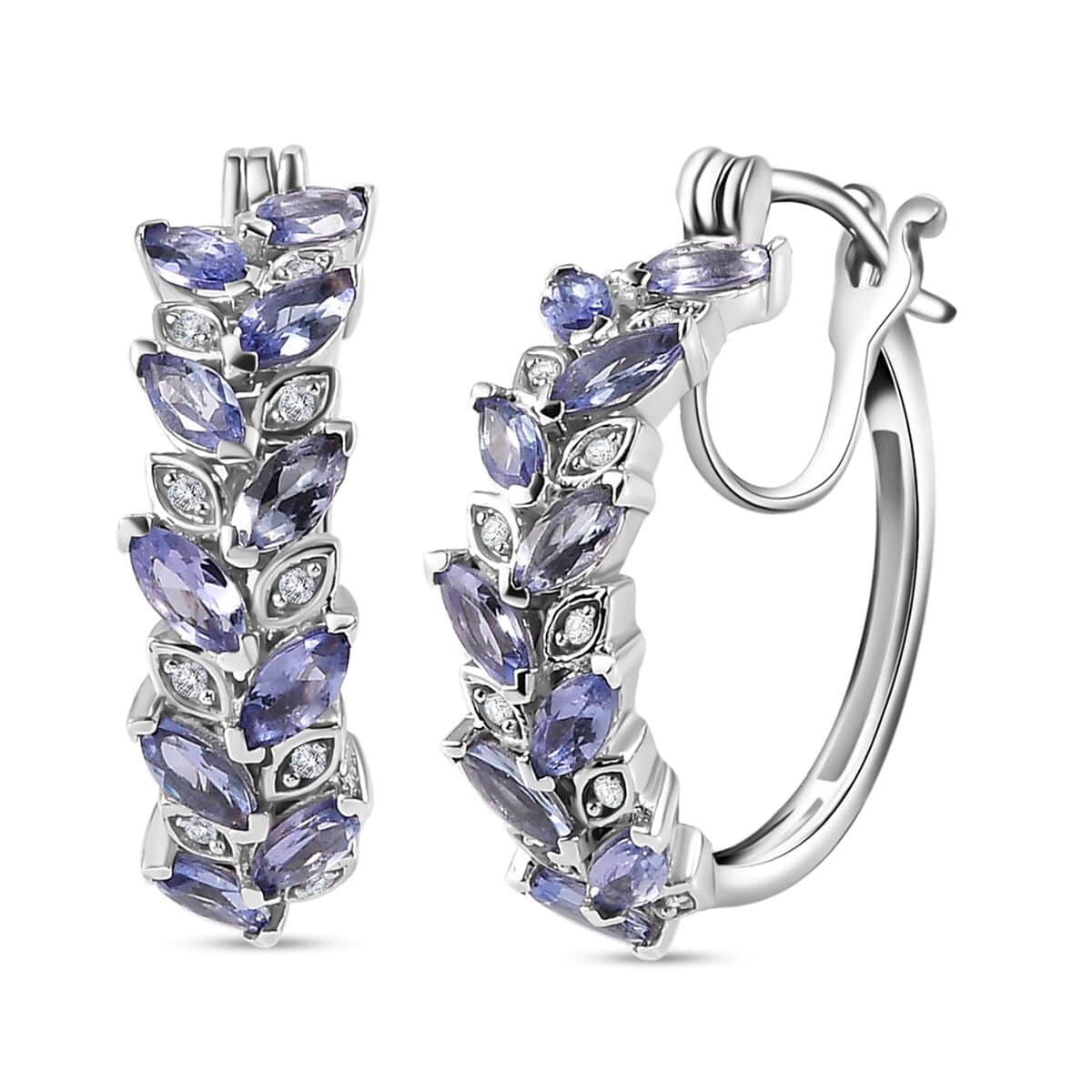 Tanzanite and White Zircon Leaf Hoop Earrings in Platinum Over Sterling Silver 3.10 ctw (Del. in 10-12 Days) image number 0