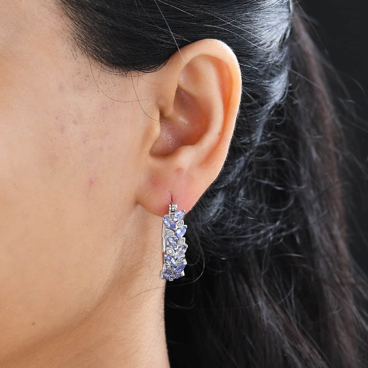 Tanzanite and White Zircon Leaf Hoop Earrings in Platinum Over Sterling Silver 3.10 ctw (Del. in 10-12 Days) image number 2
