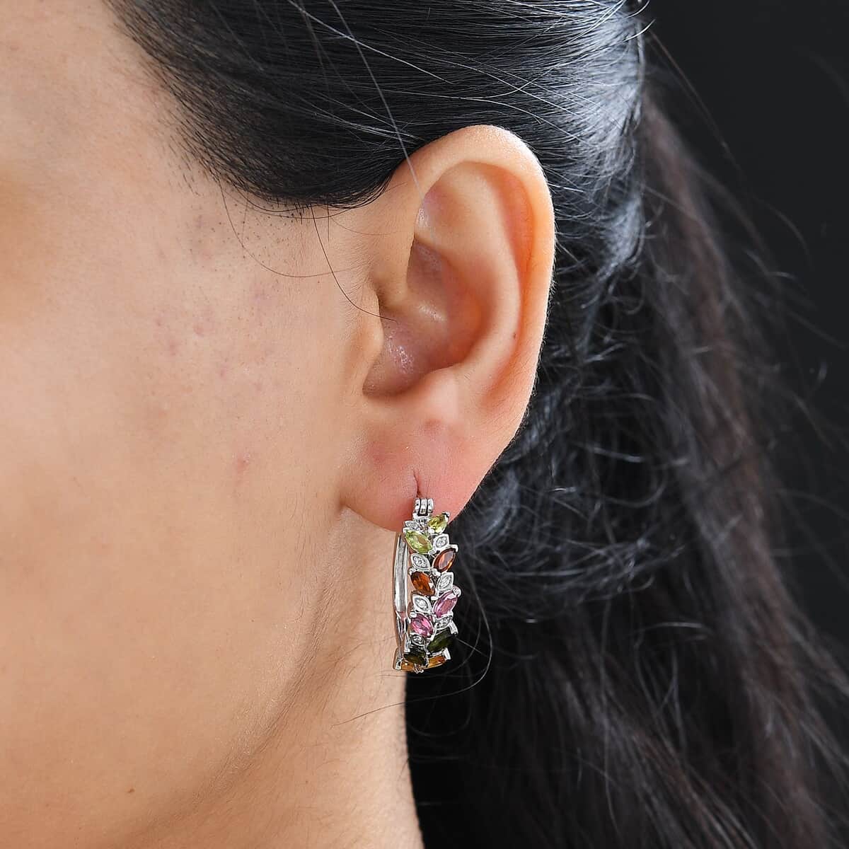 Multi-Tourmaline and White Zircon Leaf Hoop Earrings in Platinum Over Sterling Silver 3.10 ctw image number 2