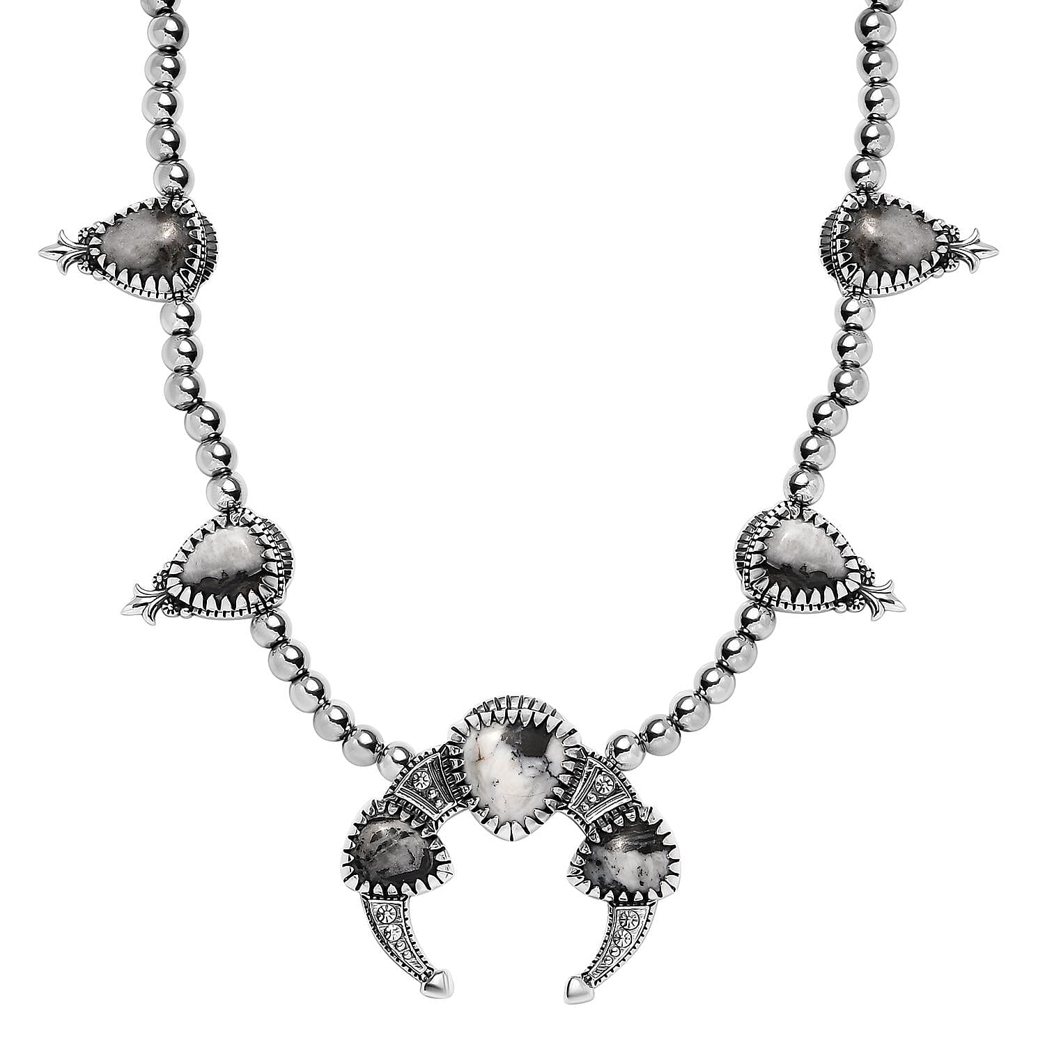 Artisan Crafted White Buffalo Squash Blossom Necklace 18 Inches in Black Oxidized Sterling Silver 36.30 ctw