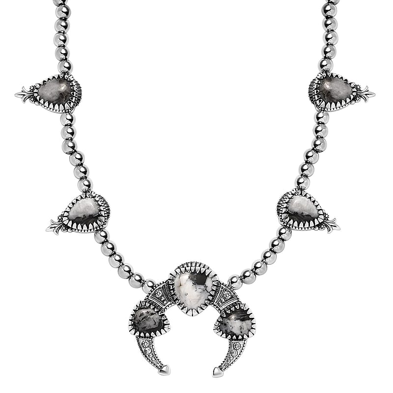 Artisan Crafted White Buffalo Squash Blossom Necklace 18 Inches in Black Oxidized Sterling Silver 36.30 ctw
