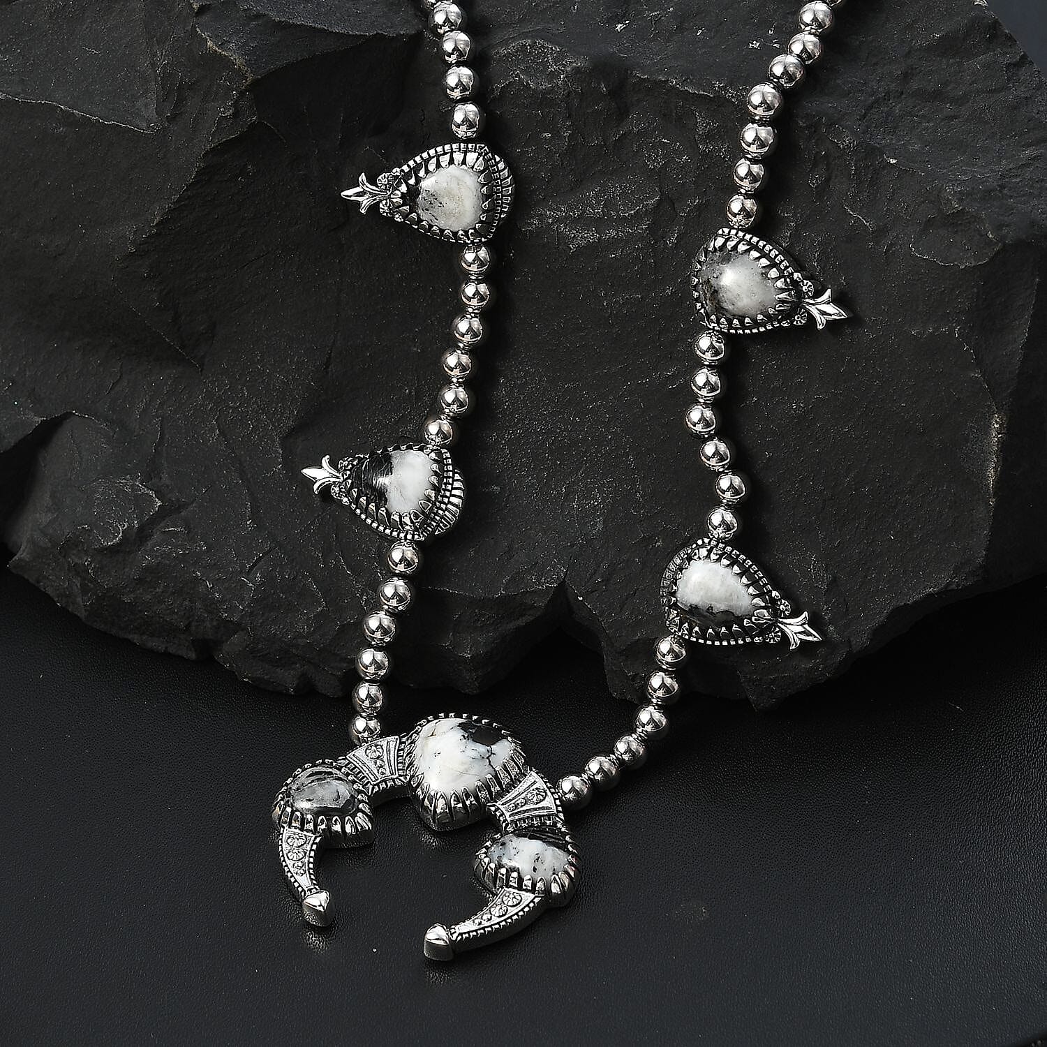 Artisan Crafted White Buffalo Squash Blossom Necklace 18 Inches in Black Oxidized Sterling Silver 36.30 ctw