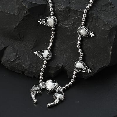 Artisan Crafted White Buffalo Squash Blossom Necklace 18 Inches in Black Oxidized Sterling Silver 36.30 ctw