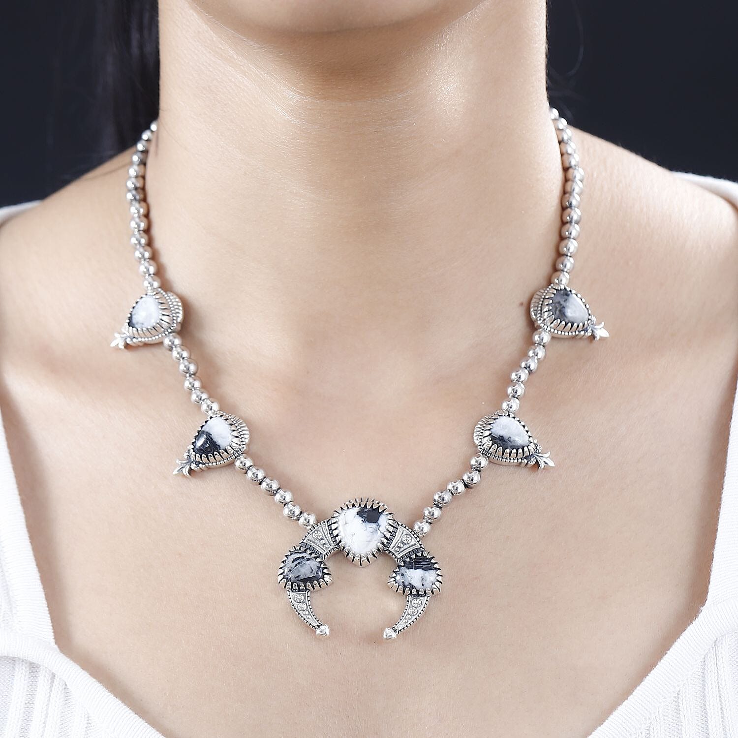 Artisan Crafted White Buffalo Squash Blossom Necklace 18 Inches in Black Oxidized Sterling Silver 36.30 ctw
