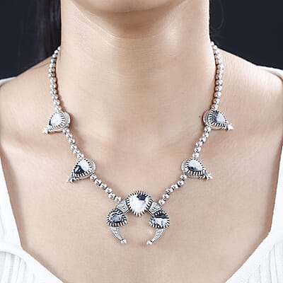 Artisan Crafted White Buffalo Squash Blossom Necklace 18 Inches in Black Oxidized Sterling Silver 36.30 ctw