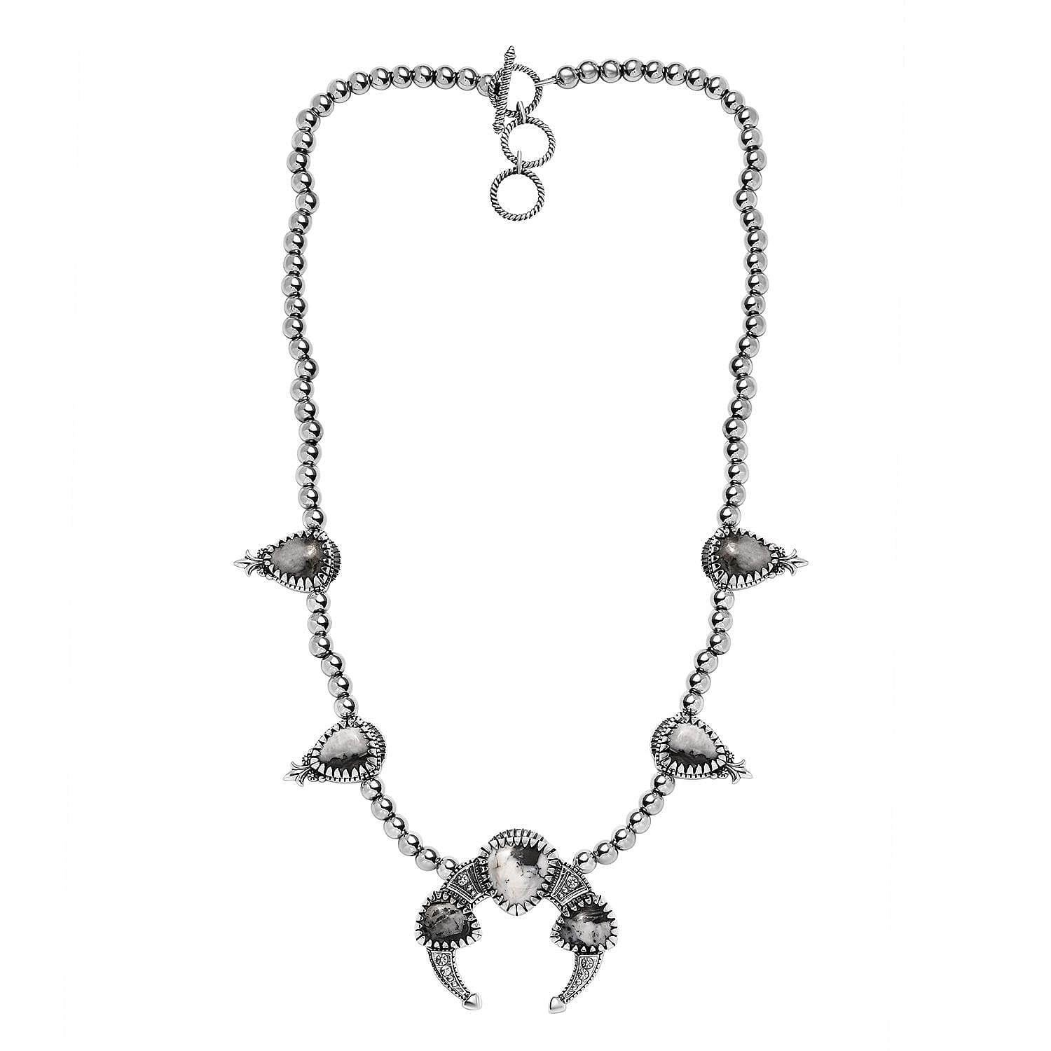 Artisan Crafted White Buffalo Squash Blossom Necklace 18 Inches in Black Oxidized Sterling Silver 36.30 ctw