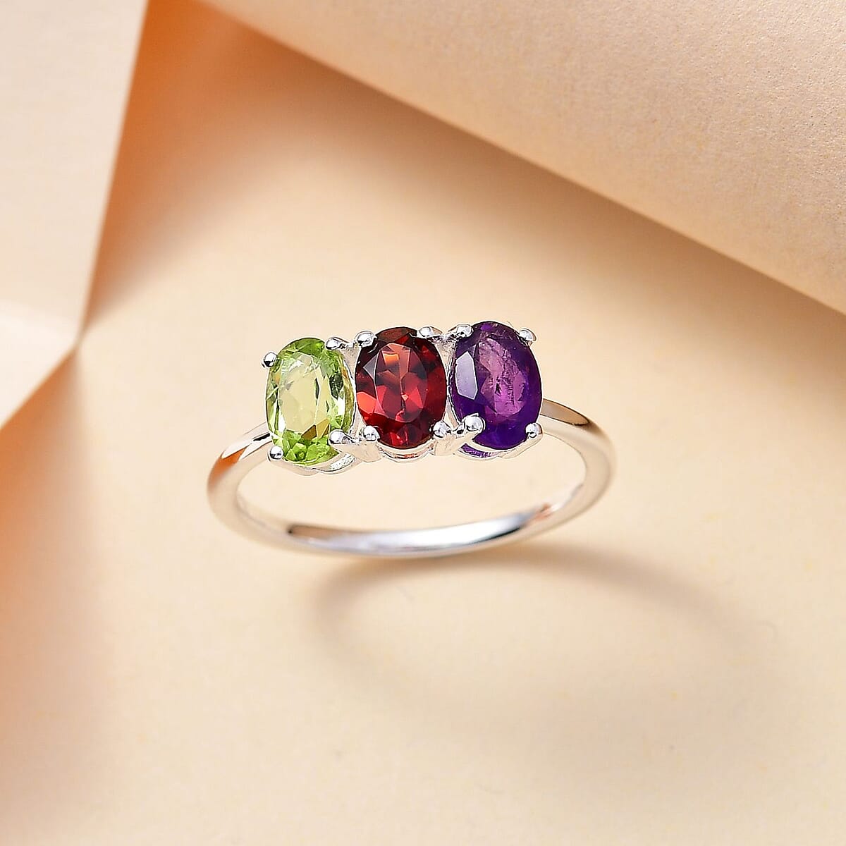 Peridot, Mozambique Garnet and Amethyst 3 Stone Ring in Sterling Silver (Size 6.0) 1.40 ctw image number 1