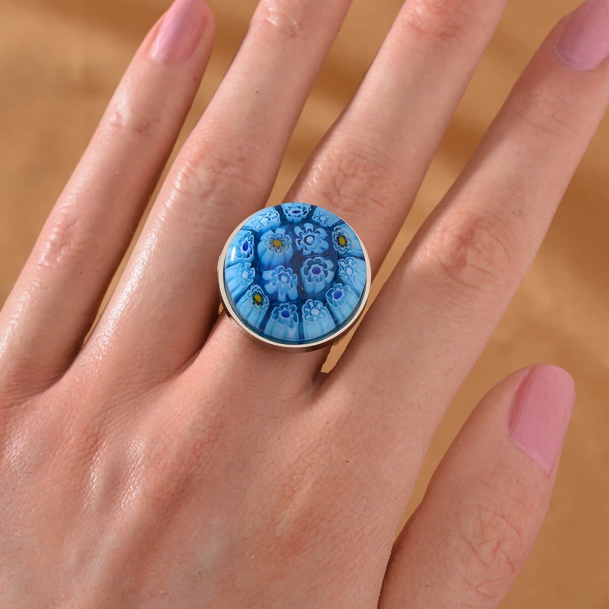 Blue Color Murano Style Ring in Stainless Steel (Size 10.0) image number 1