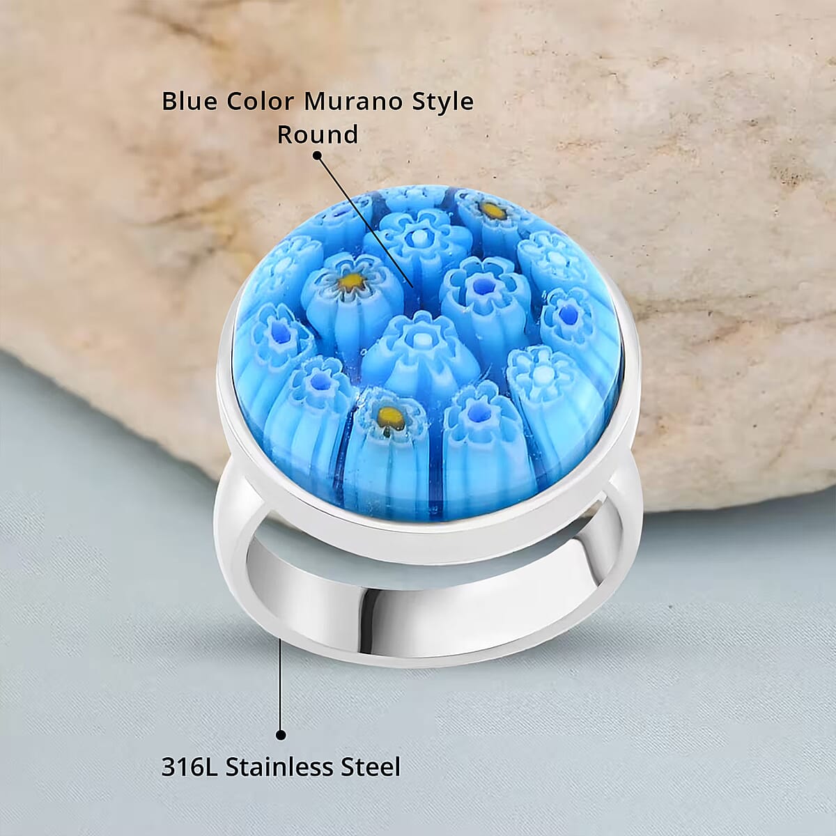 Blue Color Murano Style Ring in Stainless Steel (Size 8.0) image number 4