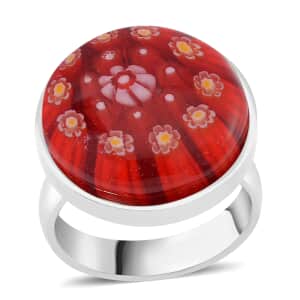 Red Color Murano Style Ring in Stainless Steel (Size 10.0)