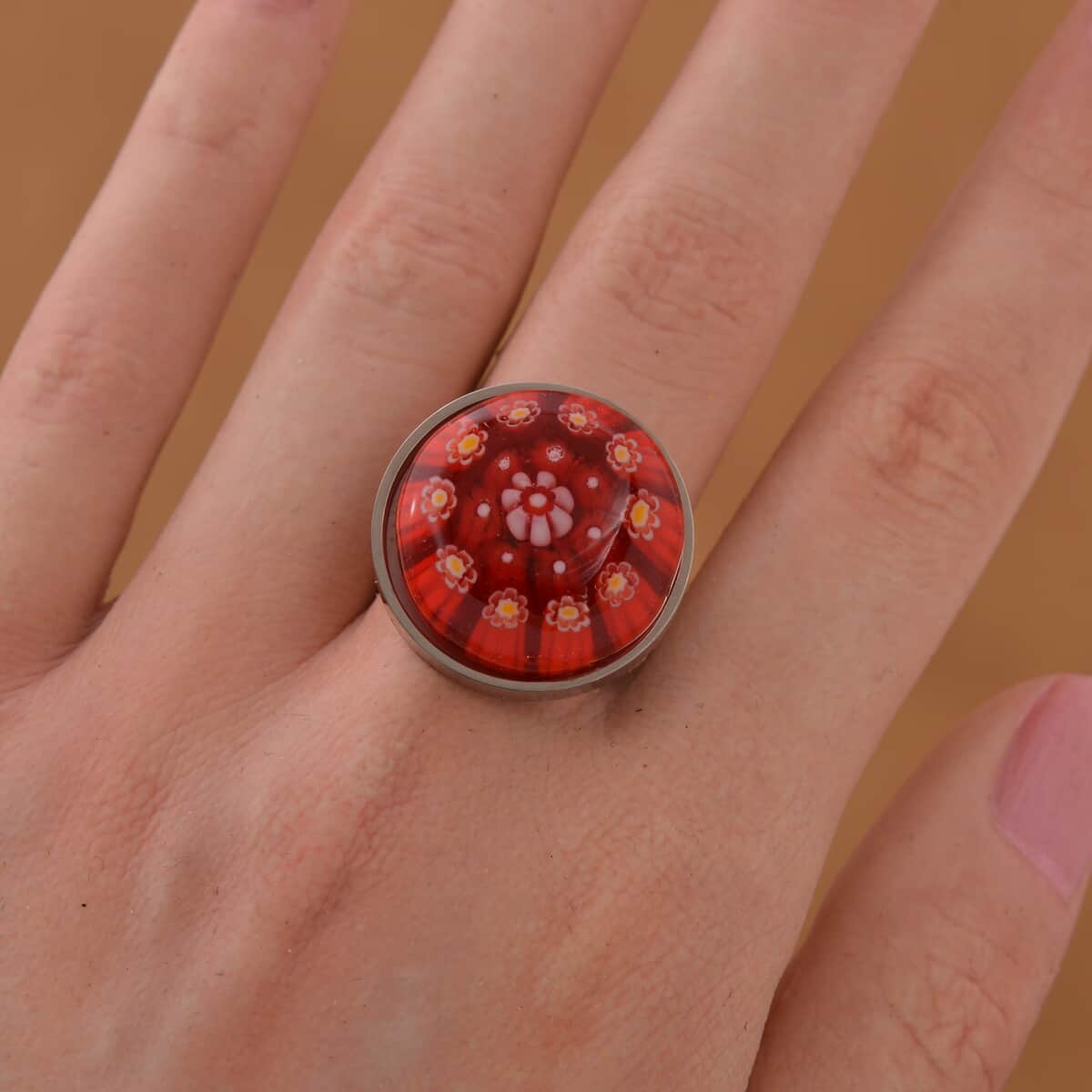 Red Color Murano Style Ring in Stainless Steel (Size 10.0) image number 1