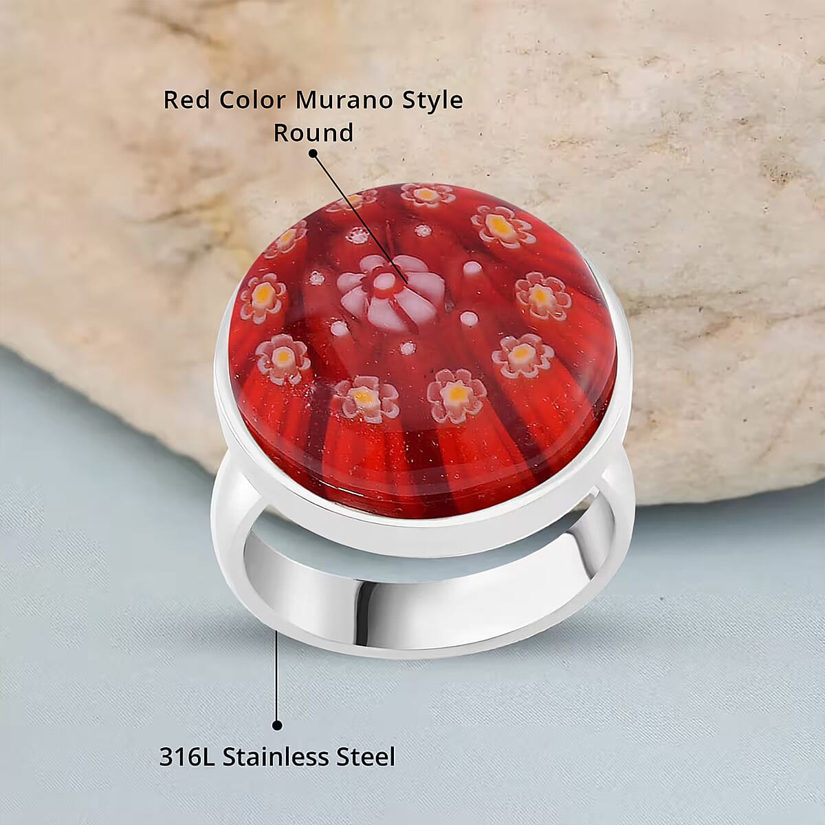 Red Color Murano Style Ring in Stainless Steel (Size 6.0) image number 4