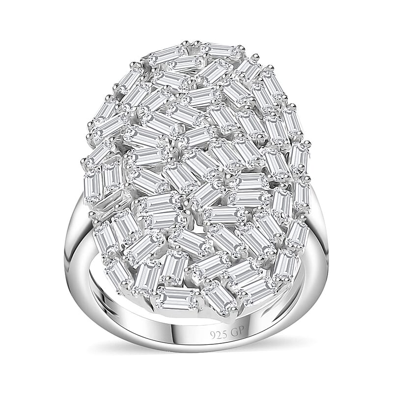 GP Art Deco Collection White Zircon Ring in Rhodium Over Sterling Silver (Size 10.0) 5.00 ctw