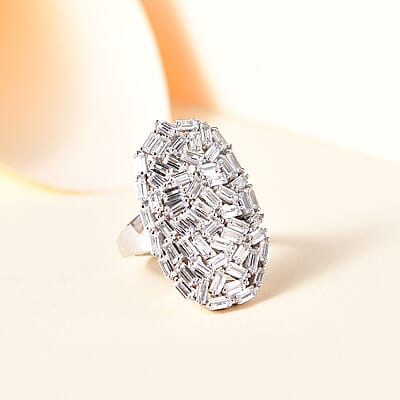 GP Art Deco Collection White Zircon Ring in Rhodium Over Sterling Silver (Size 10.0) 5.00 ctw