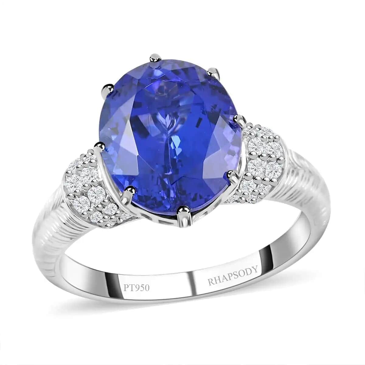 Certified & Appraised Rhapsody 950 Platinum AAAA Vivid Tanzanite and E-F VS Diamond Ring (Size 7.5) 8.6 Grams 5.50 ctw image number 0