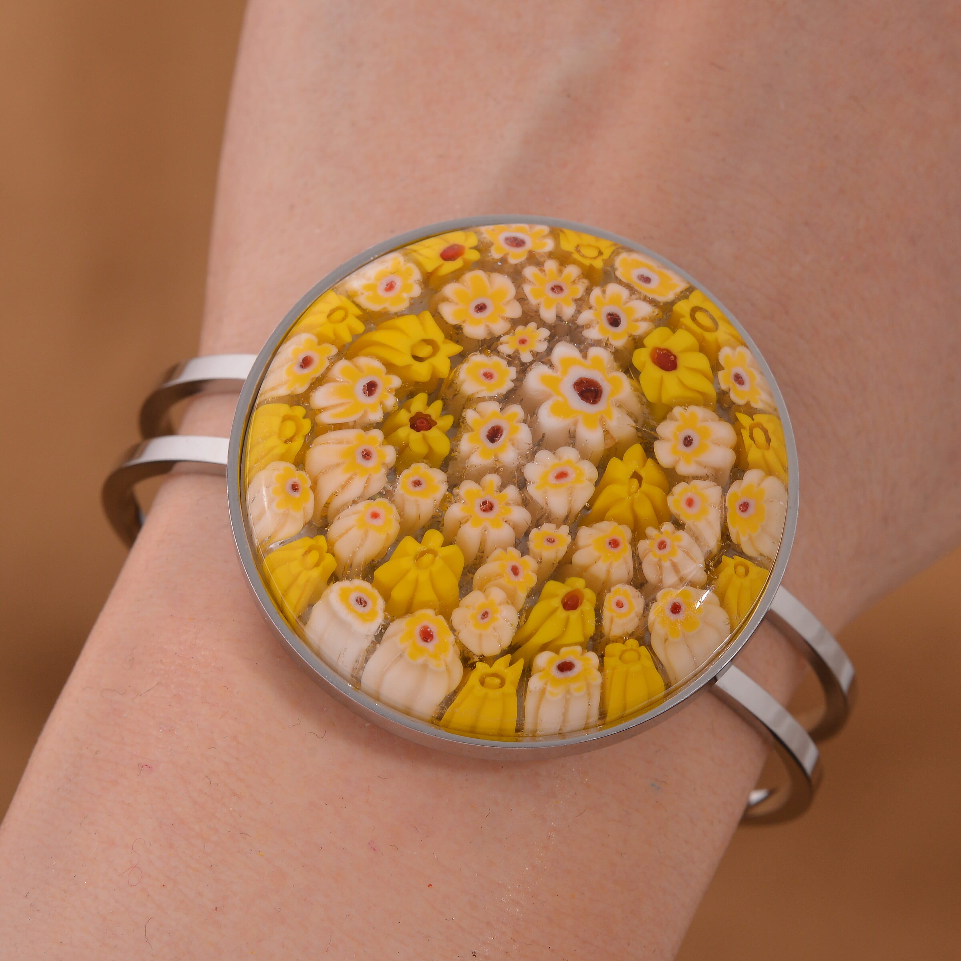 Yellow Color Murano Style Bangle Bracelet in Stainless Steel 6.50 Inches