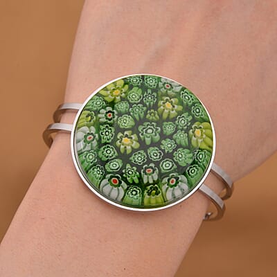 Green Color Murano Style Bangle Bracelet in Stainless Steel (7.50 In)