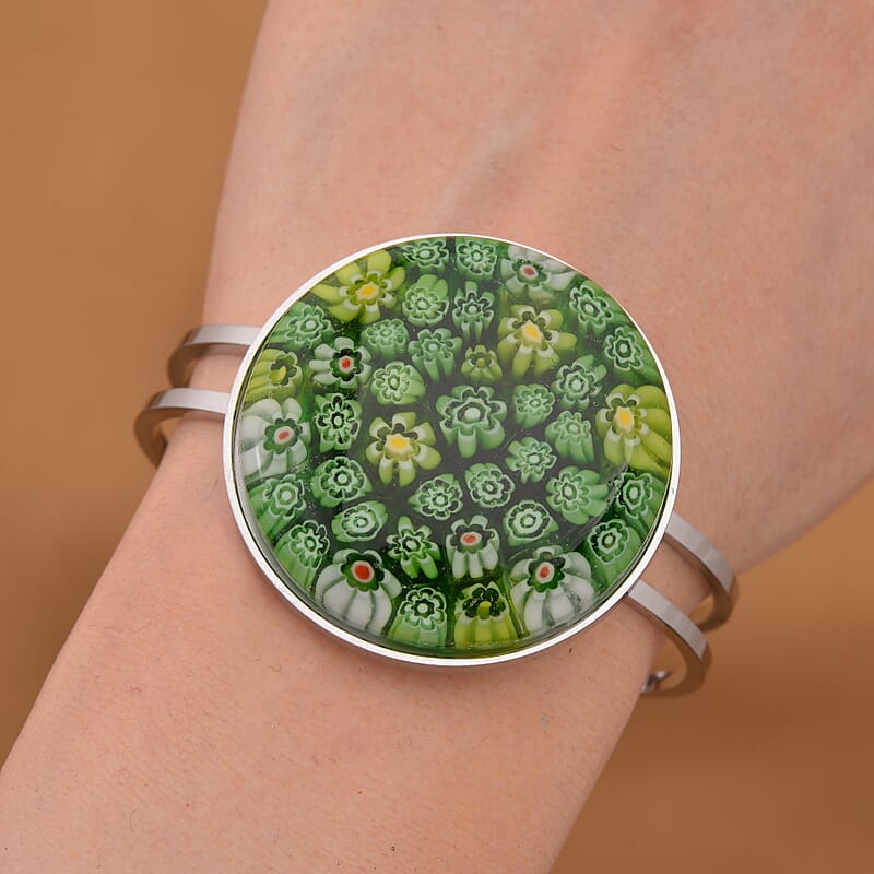 Green Color Murano Style Bangle Bracelet in Stainless Steel (7.50 In)