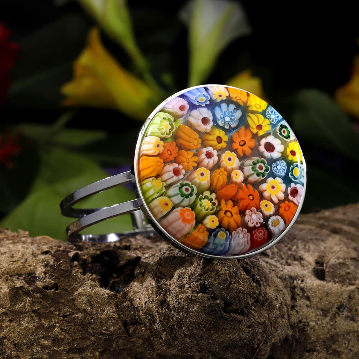 Multi Color Murano Style Bangle Bracelet in Stainless Steel (6.50 In) image number 1