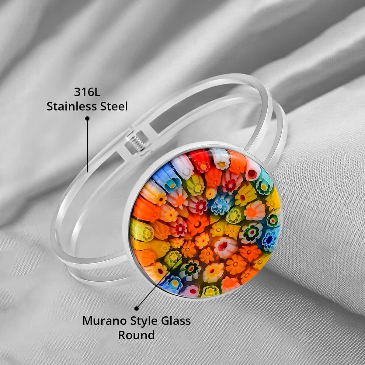 Multi Color Murano Style Bangle Bracelet in Stainless Steel (6.50 In) image number 4