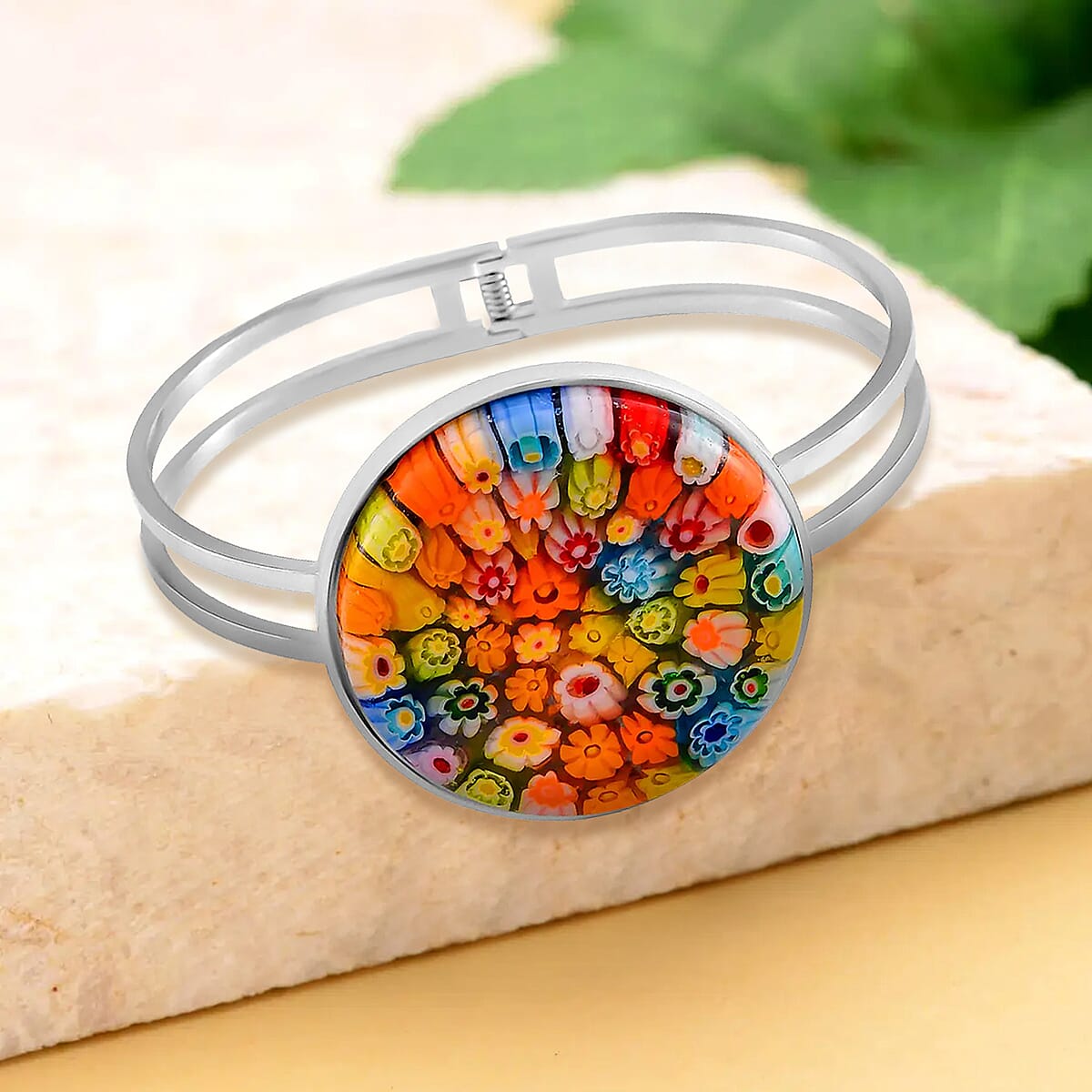 Multi Color Murano Style Bangle Bracelet in Stainless Steel (7.50 In) image number 1