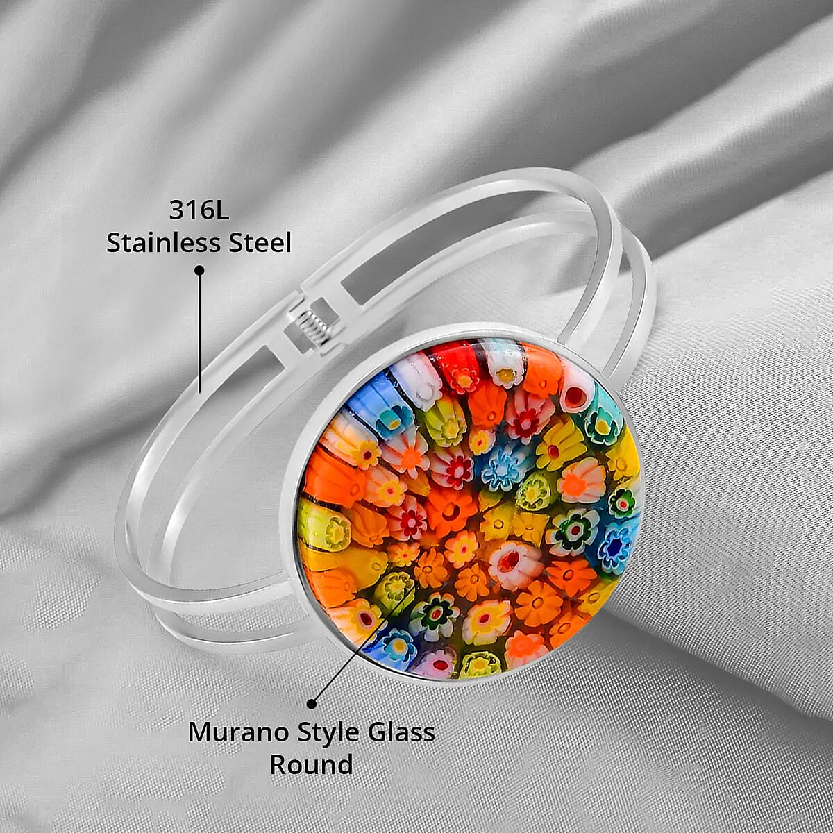 Multi Color Murano Style Bangle Bracelet in Stainless Steel (7.50 In) image number 4