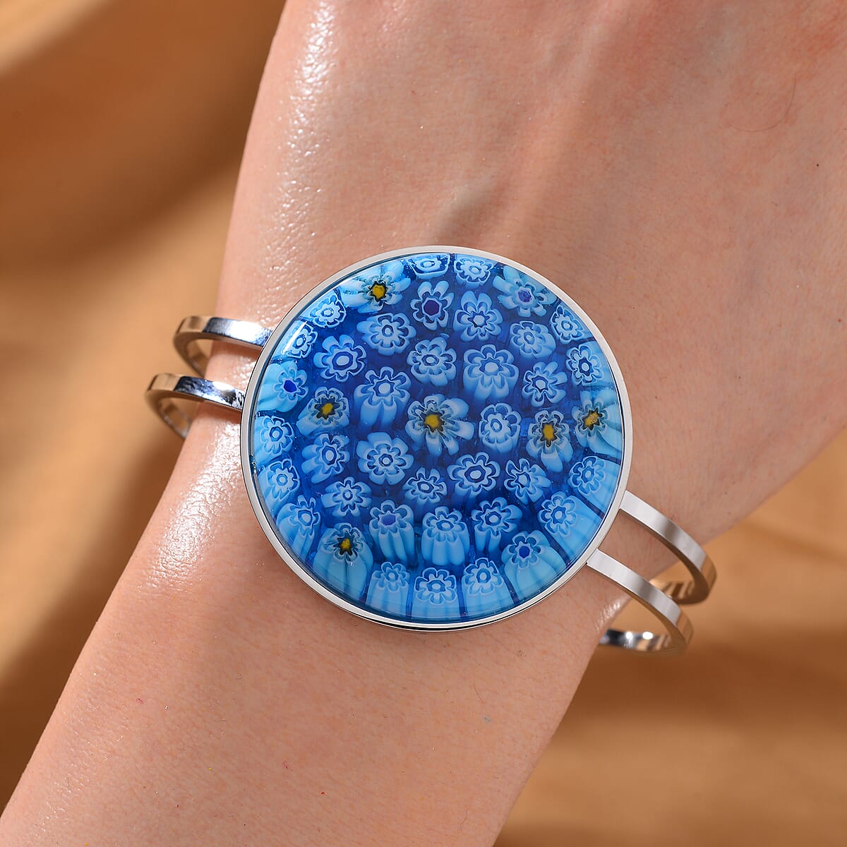 Blue Color Murano Style Bangle Bracelet in Stainless Steel 7.50 Inches image number 1