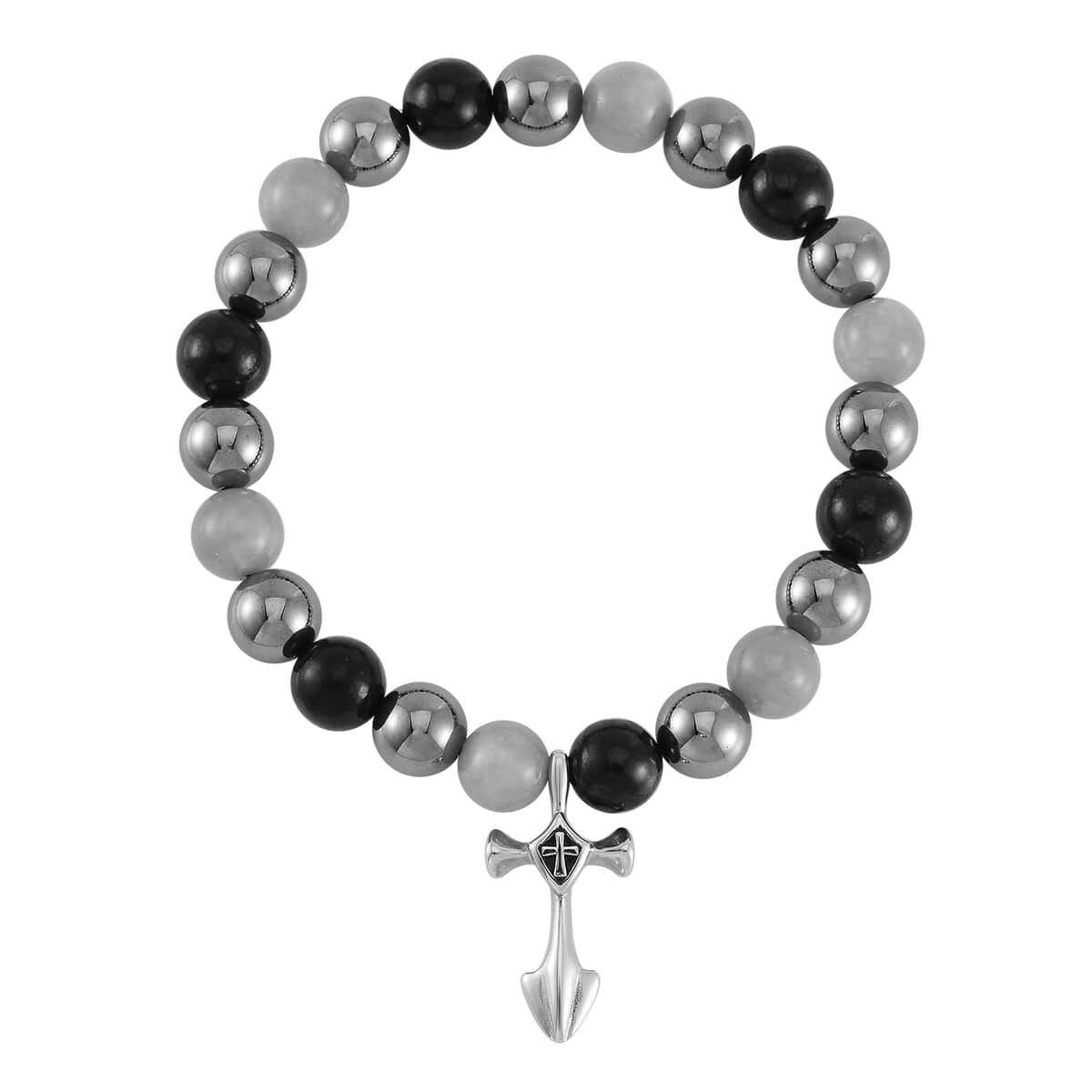 Terahertz, Amazonite and Shungite Beaded Stretch Bracelet with Cross Charm in Stainless Steel 137.00 ctw image number 0