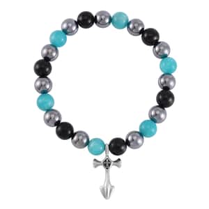 Terahertz, Amazonite and Shungite Beaded Stretch Bracelet with Cross Charm in Stainless Steel 137.00 ctw