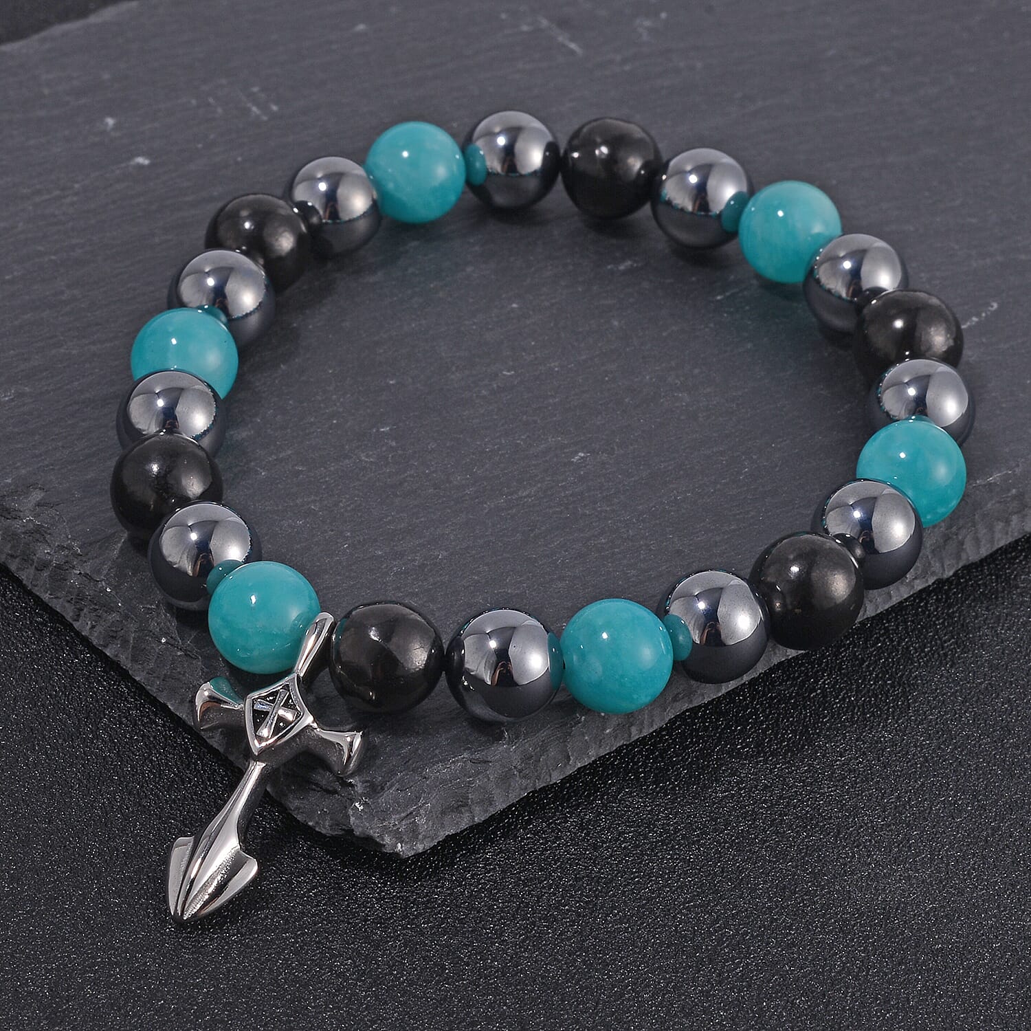 Terahertz, Amazonite and Shungite Beaded Stretch Bracelet with Cross Charm in Stainless Steel 137.00 ctw