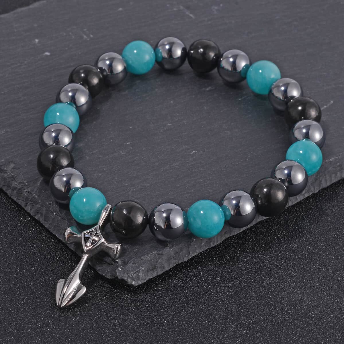 Terahertz, Amazonite and Shungite Beaded Stretch Bracelet with Cross Charm in Stainless Steel 137.00 ctw image number 1