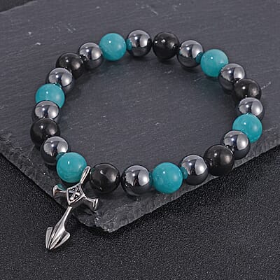 Terahertz, Amazonite and Shungite Beaded Stretch Bracelet with Cross Charm in Stainless Steel 137.00 ctw