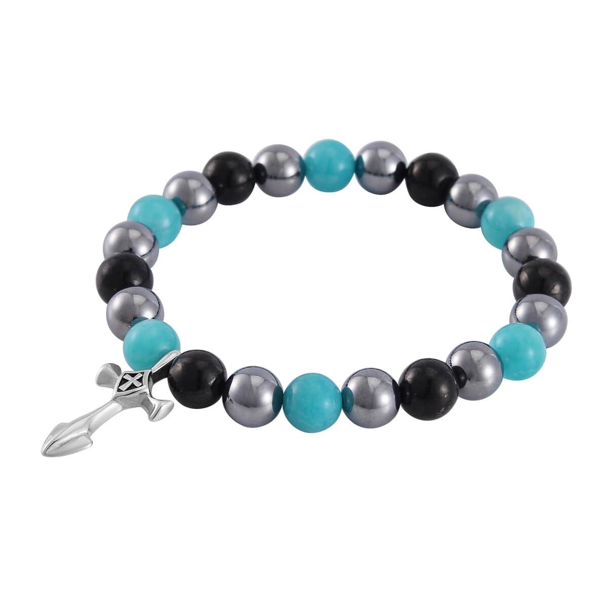 Terahertz, Amazonite and Shungite Beaded Stretch Bracelet with Cross Charm in Stainless Steel 137.00 ctw image number 2