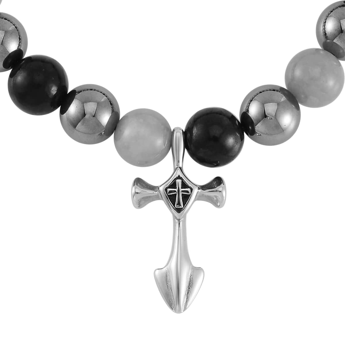 Terahertz, Amazonite and Shungite Beaded Stretch Bracelet with Cross Charm in Stainless Steel 137.00 ctw image number 3